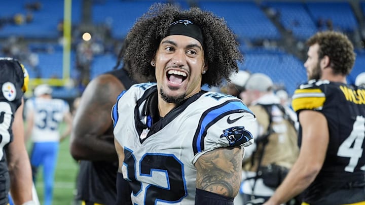 Aug 21, 2025; Charlotte, North Carolina, USA; Carolina Panthers safety Lathan Ransom (22) after the second half against the Pittsburgh Steelers at Bank of America Stadium. Mandatory Credit: Jim Dedmon-Imagn Images