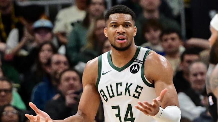 Mar 13, 2025; Milwaukee, Wisconsin, USA; Milwaukee Bucks forward Giannis Antetokounmpo (34) reacts in the third quarter against the Los Angeles Lakers at Fiserv Forum. Mandatory Credit: Benny Sieu-Imagn Images