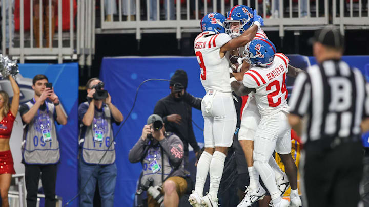 Dec 30, 2023; Atlanta, GA, USA; Mississippi Rebels tight end Caden Prieskorn (86) celebrates with Dec 30, 2023; Atlanta, GA, USA; Mississippi Rebels tight end Caden Prieskorn (86) celebrates with