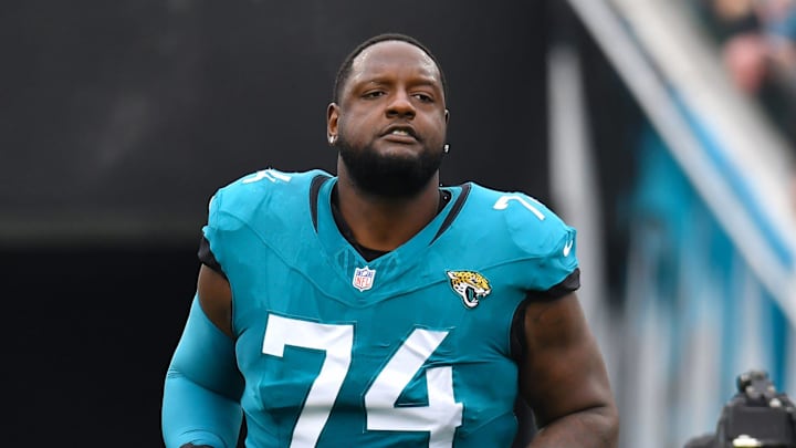 Jacksonville Jaguars offensive tackle Cam Robinson (74) runs onto the field with teammates before the start of Sunday's game against the San Francisco 49ers. The Jacksonville Jaguars hosted the San Francisco 49ers at EverBank Stadium in Jacksonville, FL Sunday, November 12, 2023. The Jaguars trailed 13 to 3 at the half. 
