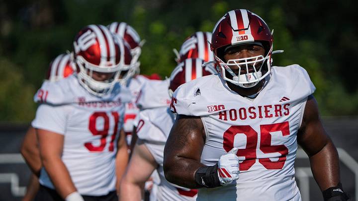 Indiana's Tyrique Tucker (95) during Indiana University's football camp practice on Wednesday, Aug. 5, 2026. Indiana's Tyrique Tucker (95) during Indiana University's football camp practice on Wednesday, Aug. 5, 2026.