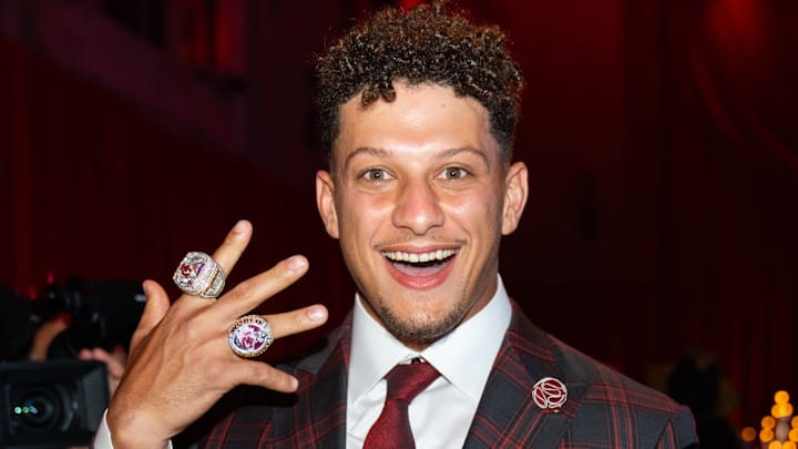 Patrick Mahomes showing off his Super Bowl rings