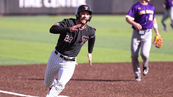 Texas Tech's Robin Villeneuve rounds third to score a run against UAlbany during a non-conference baseball game, Friday, Feb. 20, 2026, at Rip Griffin Park.