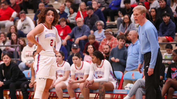 Monterey head coach Jill Schneider (right) talks to Aaliyah Chavez during a District 3-5A girls basketball game, Friday, Dec. 20, 2024, at Monterey High School. Chavez scored 36 points to give her 4,339 for her career. Monterey head coach Jill Schneider (right) talks to Aaliyah Chavez during a District 3-5A girls basketball game, Friday, Dec. 20, 2024, at Monterey High School. Chavez scored 36 points to give her 4,339 for her career.