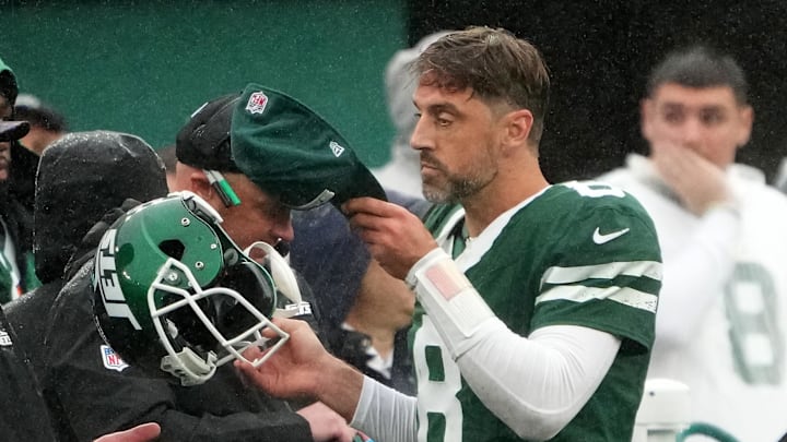 Sep 29, 2024; East Rutherford, New Jersey, USA;  New York Jets quarterback Aaron Rodgers (8) on the sidelines after the Jets failed to score on the Denver Broncos late in the fourth quarter at MetLife Stadium.