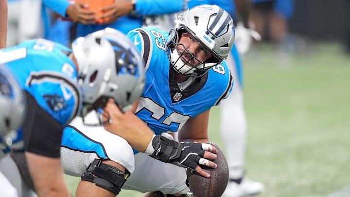 Carolina Panthers center Austin Corbett (63) during Fanfest at Bank of America Stadium. Carolina Panthers center Austin Corbett (63) during Fanfest at Bank of America Stadium.