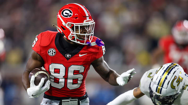 Nov 25, 2023; Atlanta, Georgia, USA; Georgia Bulldogs wide receiver Dillon Bell (86) runs after a catch against the Georgia Tech Yellow Jackets in the second quarter at Bobby Dodd Stadium at Hyundai Field. Mandatory Credit: Brett Davis-USA TODAY Sports