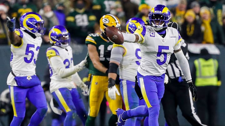 Los Angeles Rams cornerback Jalen Ramsey (5) celebrates after stripping the ball away from Green Bay Packers running back Aaron Jones on Monday, December 19, 2022, at Lambeau Field in Green Bay, Wis. The Packers won the game, 24-12.Tork Mason/USA TODAY NETWORK-Wisconsin

Apj Packers Vs Rams 121922 2920 Ttm