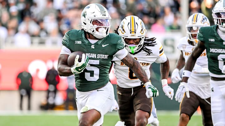 Michigan State's Makhi Frazier runs for a gain against Western Michigan during the first quarter on Friday, Aug. 29, 2025, in East Lansing.