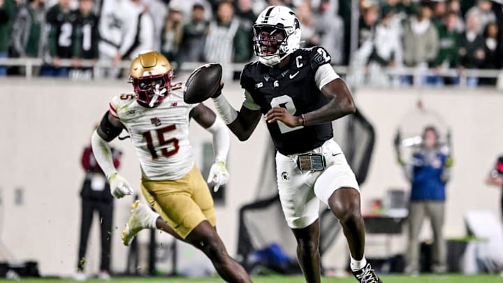 Michigan State's Aidan Chiles looks to throw against Boston College during the fourth quarter on Saturday, Sept. 6, 2025, at Spartan Stadium in East Lansing.