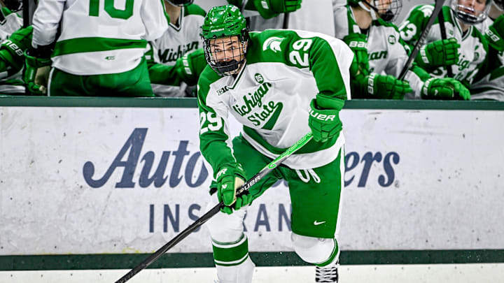 Michigan State's Notre Dame's during the third period on Thursday, Feb. 19, 2026, at the Munn Ice Arena in East Lansing. Michigan State's Notre Dame's during the third period on Thursday, Feb. 19, 2026, at the Munn Ice Arena in East Lansing.