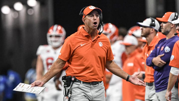 Aug 31, 2024; Atlanta, Georgia, USA; Clemson Tigers head coach Dabo Swinney reacts after a call by an official a during the first quarter of the 2024 Aflac Kickoff Game against the Georgia Bulldogs Bulldogs at Mercedes-Benz Stadium. Aug 31, 2024; Atlanta, Georgia, USA; Clemson Tigers head coach Dabo Swinney reacts after a call by an official a during the first quarter of the 2024 Aflac Kickoff Game against the Georgia Bulldogs Bulldogs at Mercedes-Benz Stadium.