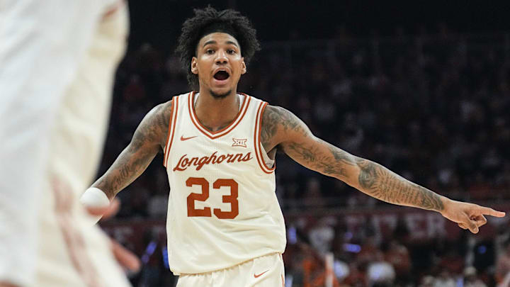 Texas Longhorns forward Dillon Mitchell (23) yells instructions at his teammates as the Longhorns play Kansas State at The Moody Center on Monday, Feb. 19, 2024. Texas Longhorns forward Dillon Mitchell (23) yells instructions at his teammates as the Longhorns play Kansas State at The Moody Center on Monday, Feb. 19, 2024.