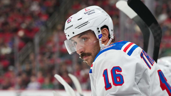 Nov 26, 2025; Raleigh, North Carolina, USA;  New York Rangers center Vincent Trocheck (16) looks on from the players bench against the Carolina Hurricanes during the first period at Lenovo Center. Mandatory Credit: James Guillory-Imagn Images