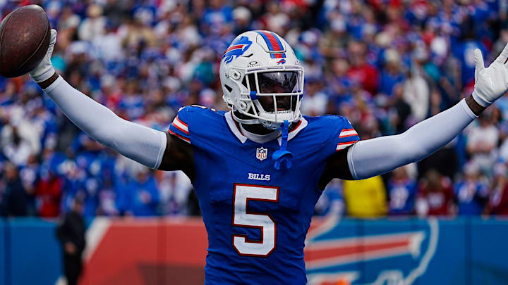 Bills Kaiir Elam celebrates his fumble recovery against Miami during second half action at Highmark Stadium.