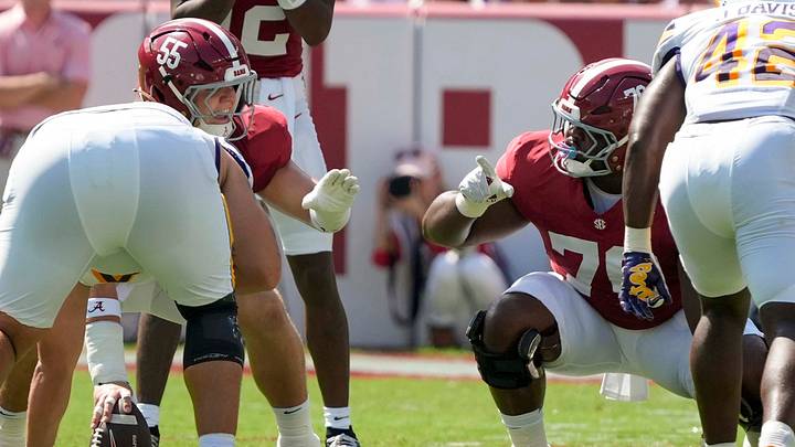 Sep 5, 2026; Tuscaloosa, AL, USA; Alabama offensive lineman Racin Delgatty (55) and Alabama offensive lineman William Sanders (70) swaps signals on the line during the game with East Carolina at Saban Field in Bryant-Denny Stadium. Mandatory Credit: Gary Cosby Jr.-Tuscaloosa News Sep 5, 2026; Tuscaloosa, AL, USA; Alabama offensive lineman Racin Delgatty (55) and Alabama offensive lineman William Sanders (70) swaps signals on the line during the game with East Carolina at Saban Field in Bryant-Denny Stadium. Mandatory Credit: Gary Cosby Jr.-Tuscaloosa News