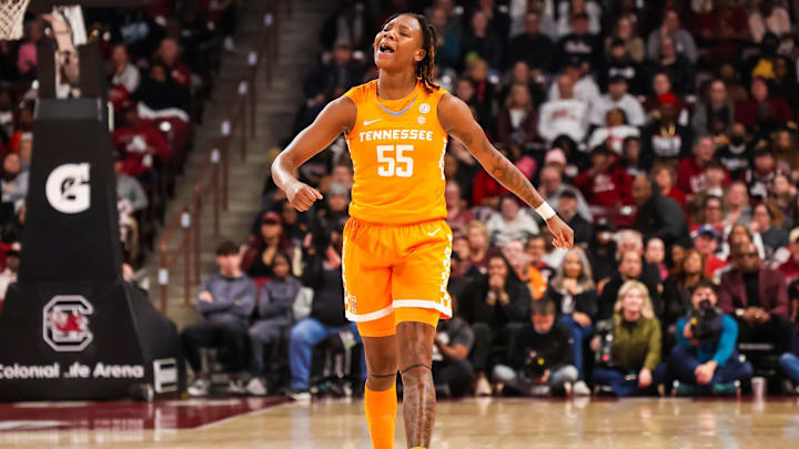 Feb 8, 2026; Columbia, South Carolina, USA; Tennessee Volunteers guard Talaysia Cooper (55) celebrates a three point basket against the South Carolina Gamecocks in the second half at Colonial Life Arena. Mandatory Credit: Jeff Blake-Imagn Images