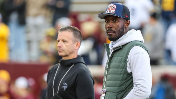 Oct 7, 2023; Minneapolis, Minnesota, USA; Minnesota Vikings general manager Kwesi Adofo-Mensah Oct 7, 2023; Minneapolis, Minnesota, USA; Minnesota Vikings general manager Kwesi Adofo-Mensah