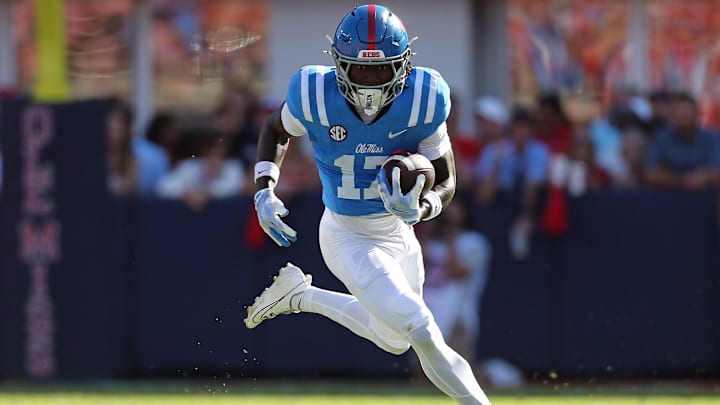 Sep 27, 2025; Oxford, Mississippi, USA; Mississippi Rebels wide receiver Winston Watkins (17) runs after a catch during the second quarter against the LSU Tigers at Vaught-Hemingway Stadium. Mandatory Credit: Petre Thomas-Imagn Images
