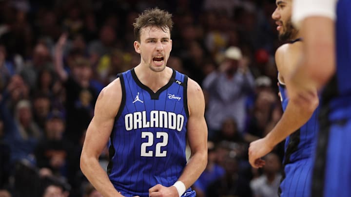 Mar 24, 2025; Orlando, Florida, USA; Orlando Magic forward Franz Wagner (22) reacts after a play against the Los Angeles Lakers in the fourth quarter at Kia Center. Mandatory Credit: Nathan Ray Seebeck-Imagn Images Mar 24, 2025; Orlando, Florida, USA; Orlando Magic forward Franz Wagner (22) reacts after a play against the Los Angeles Lakers in the fourth quarter at Kia Center. Mandatory Credit: Nathan Ray Seebeck-Imagn Images