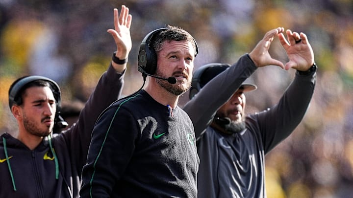 Oregon coach Dan Lanning watches on from the sideline against Michigan at Michigan Stadium in Ann Arbor.