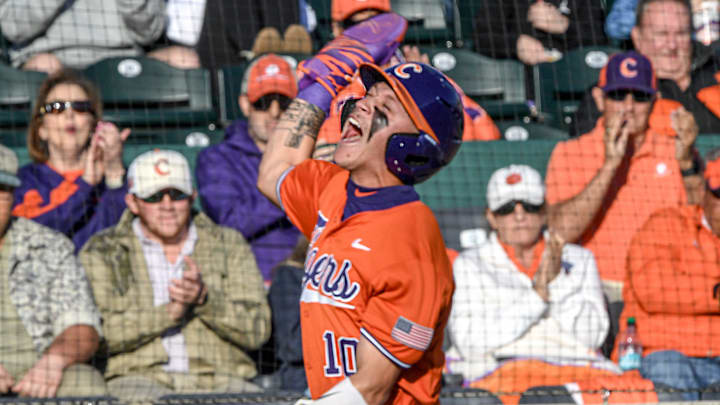 Clemson outfielder Cam Cannarella (10) scores against Wake Forest University during the bottom of the first inning at Doug Kingsmore Stadium in Clemson, S.C. Friday, March 21, 2025.