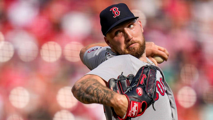 Boston Red Sox pitcher Garrett Crochet (35) throws a pitch in the second inning of the MLB Opening Day game between the Cincinnati Reds and the Boston Red Sox at Great American Ball Park in downtown Cincinnati on Thursday, March 26, 2026. The game was tied at 0 after four innings.