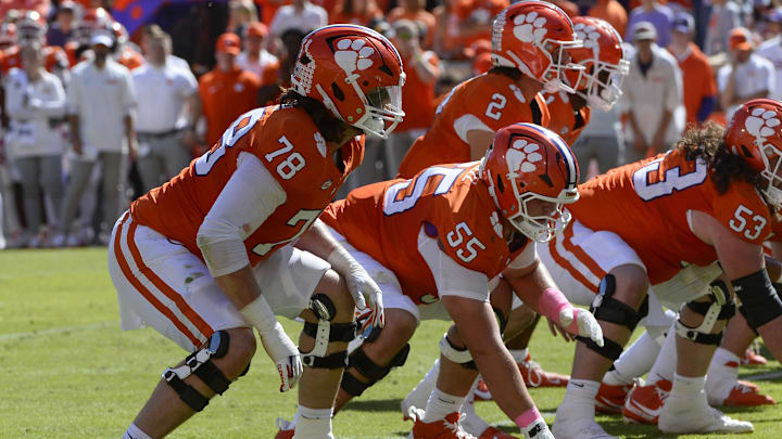 Oct 19, 2024; Clemson, South Carolina, USA; Clemson Tigers offensive lineman Blake Miller (78) lines up against the Virginia Cavaliers at Memorial Stadium. 