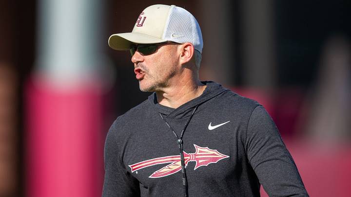 Florida State head coach Mike Norvell leads practice Thursday, April 9, 2026.