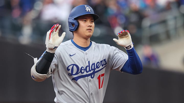 May 25, 2025; New York City, New York, USA; Los Angeles Dodgers designated hitter Shohei Ohtani (17) rounds the bases after a solo home run during the first inning against the New York Mets at Citi Field. Mandatory Credit: Vincent Carchietta-Imagn Images