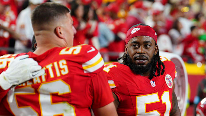 Oct 7, 2024; Kansas City, Missouri, USA; Kansas City Chiefs defensive end Mike Danna (51) talks with defensive end George Karlaftis (56) on the sidelines against the New Orleans Saints during the game at GEHA Field at Arrowhead Stadium. Mandatory Credit: Denny Medley-Imagn Images Oct 7, 2024; Kansas City, Missouri, USA; Kansas City Chiefs defensive end Mike Danna (51) talks with defensive end George Karlaftis (56) on the sidelines against the New Orleans Saints during the game at GEHA Field at Arrowhead Stadium. Mandatory Credit: Denny Medley-Imagn Images