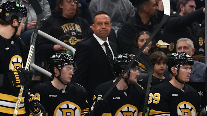 Mar 3, 2026; Boston, Massachusetts, USA; Boston Bruins head coach Marco Sturm behind the bench during the third period against the Pittsburgh Penguins at TD Garden. Mandatory Credit: Winslow Townson-Imagn Images Mar 3, 2026; Boston, Massachusetts, USA; Boston Bruins head coach Marco Sturm behind the bench during the third period against the Pittsburgh Penguins at TD Garden. Mandatory Credit: Winslow Townson-Imagn Images