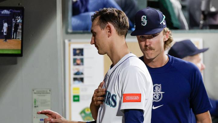 Aug 6, 2025; Seattle, Washington, USA; Seattle Mariners starting pitcher George Kirby (68, left) talks with pitcher Bryce Miller (50, right in the dugout following the top of the sixth inning against the Chicago White Sox at T-Mobile Park. Mandatory Credit: Joe Nicholson-Imagn Images Aug 6, 2025; Seattle, Washington, USA; Seattle Mariners starting pitcher George Kirby (68, left) talks with pitcher Bryce Miller (50, right in the dugout following the top of the sixth inning against the Chicago White Sox at T-Mobile Park. Mandatory Credit: Joe Nicholson-Imagn Images