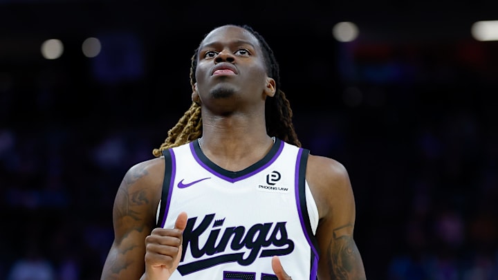 Oct 15, 2025; Sacramento, California, USA; Sacramento Kings guard Keon Ellis (23) looks on during the second quarter against the Los Angeles Clippers at Golden 1 Center.