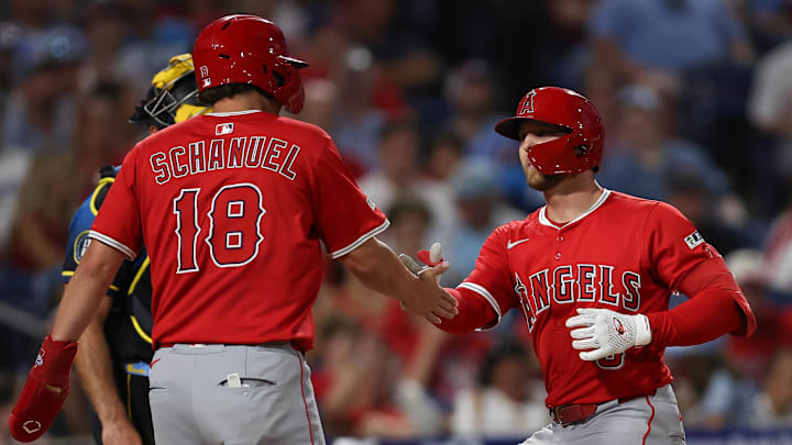 Jul 18, 2025; Philadelphia, Pennsylvania, USA; Los Angeles Angels outfielder Taylor Ward (3) high fives first base Nolan Schanuel (18) after hitting a two RBI home run against the Philadelphia Phillies during the seventh inning at Citizens Bank Park. Mandatory Credit: Bill Streicher-Imagn Images Jul 18, 2025; Philadelphia, Pennsylvania, USA; Los Angeles Angels outfielder Taylor Ward (3) high fives first base Nolan Schanuel (18) after hitting a two RBI home run against the Philadelphia Phillies during the seventh inning at Citizens Bank Park. Mandatory Credit: Bill Streicher-Imagn Images