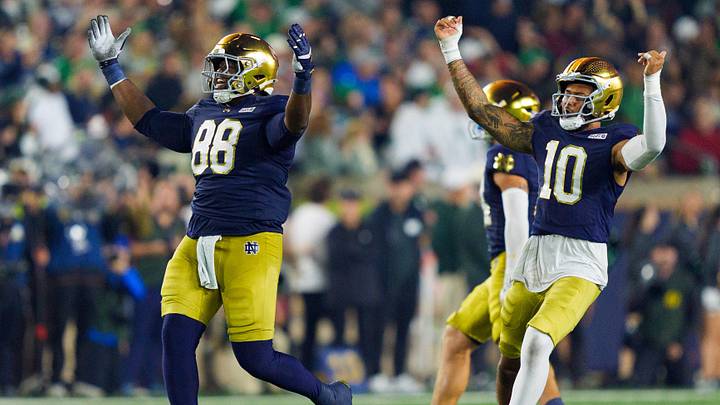 Notre Dame defensive lineman Armel Mukam (88) celebrates after getting a stop during a NCAA football game against Michigan State at Notre Dame Stadium on Saturday, Sept. 19, 2026, in South Bend. Notre Dame defensive lineman Armel Mukam (88) celebrates after getting a stop during a NCAA football game against Michigan State at Notre Dame Stadium on Saturday, Sept. 19, 2026, in South Bend.
