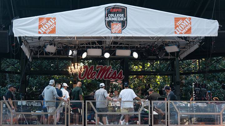 The ESPN College GameDay TV setup is seen in The Grove in Oxford, Miss., on Friday, Sept. 18, 2026.
