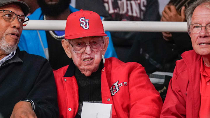 Rutgers vs St. Johns; St. John's basketball legend Lou Carnesecca watches the Red Storm play