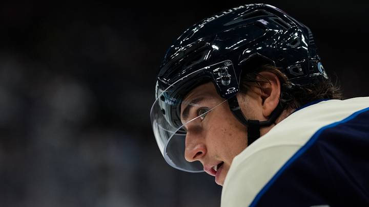 Oct 3, 2026; Columbus, Ohio, USA;  Columbus Blue Jackets left wing Matthew Knies (89) awaits the face-off during the game against the Utah Mammoth in the third period at Nationwide Arena. Mandatory Credit: Aaron Doster-Imagn Images