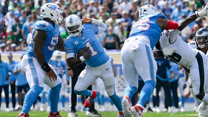 Sep 20, 2026; Nashville, Tennessee, USA; Tennessee Titans quarterback Cam Ward (1) scrambles against the Philadelphia Eagles during the first half at Nissan Stadium. Mandatory Credit: Steve Roberts-Imagn Images Sep 20, 2026; Nashville, Tennessee, USA; Tennessee Titans quarterback Cam Ward (1) scrambles against the Philadelphia Eagles during the first half at Nissan Stadium. Mandatory Credit: Steve Roberts-Imagn Images