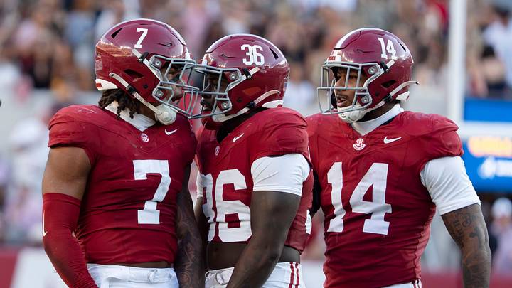 Oct 24, 2026; Tuscaloosa, AL, USA; Alabama linebacker Caleb Woodson (7) celebrates his tackle for a loss with Alabama linebacker QB Reese (36) and Alabama defensive lineman Fatutoa Henry (14) at Saban Field at Bryant Denny Stadium. Alabama defeated Texas A&M 31-20. Mandatory Credit: Gary Cosby Jr.-Tuscaloosa News Oct 24, 2026; Tuscaloosa, AL, USA; Alabama linebacker Caleb Woodson (7) celebrates his tackle for a loss with Alabama linebacker QB Reese (36) and Alabama defensive lineman Fatutoa Henry (14) at Saban Field at Bryant Denny Stadium. Alabama defeated Texas A&M 31-20. Mandatory Credit: Gary Cosby Jr.-Tuscaloosa News
