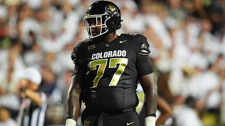 Aug 29, 2024; Boulder, Colorado, USA; Colorado Buffaloes offensive tackle Jordan Seaton (77) during the second half against the North Dakota State Bison at Folsom Field. Mandatory Credit: Ron Chenoy-Imagn Images Aug 29, 2024; Boulder, Colorado, USA; Colorado Buffaloes offensive tackle Jordan Seaton (77) during the second half against the North Dakota State Bison at Folsom Field. Mandatory Credit: Ron Chenoy-Imagn Images