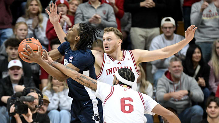 Penn State Nittany Lions guard Kayden Mingo goes up for a shot against the Indiana Hoosiers at Assembly Hall. Penn State Nittany Lions guard Kayden Mingo goes up for a shot against the Indiana Hoosiers at Assembly Hall.