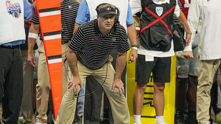 Sep 3, 2022; Atlanta, Georgia, USA; Georgia Bulldogs head coach Kirby Smart follows the action against the Oregon Ducks during the second half at Mercedes-Benz Stadium. Mandatory Credit: Dale Zanine-Imagn Images