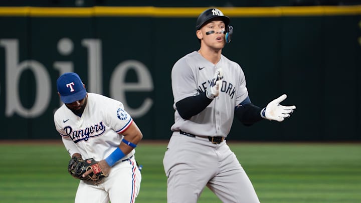 Apr 27, 2026; Arlington, Texas, USA;  New York Yankees right fielder Aaron Judge (99) reacts a second base after hitting a double against the Texas Rangers during the fifth inning at Globe Life Field. Mandatory Credit: Raymond Carlin III-Imagn Images