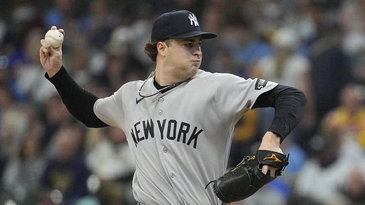May 9, 2026; Milwaukee, Wisconsin, USA; New York Yankees pitcher Cam Schlittler (31) delivers a pitch against the Milwaukee Brewers in the first inning at American Family Field. Mandatory Credit: Michael McLoone-Imagn Images