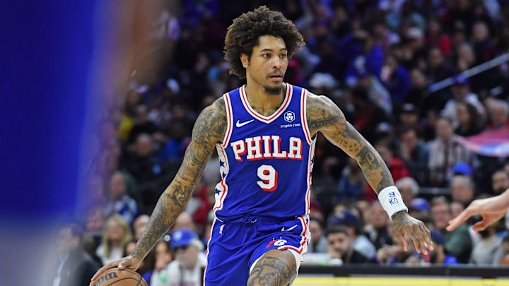 Apr 2, 2024; Philadelphia, Pennsylvania, USA; Philadelphia 76ers guard Kelly Oubre Jr. (9) against the Oklahoma City Thunder at Wells Fargo Center. Mandatory Credit: Eric Hartline-USA TODAY Sports