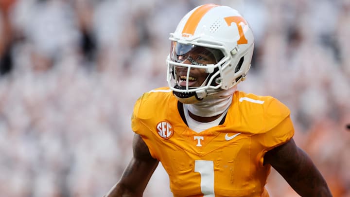 Oct 19, 2024; Knoxville, Tennessee, USA; Tennessee Volunteers wide receiver Dont'e Thornton Jr. (1) celebrates after a first down against the Alabama Crimson Tide during the third quarter at Neyland Stadium. Mandatory Credit: Alan Poizner-Imagn Images