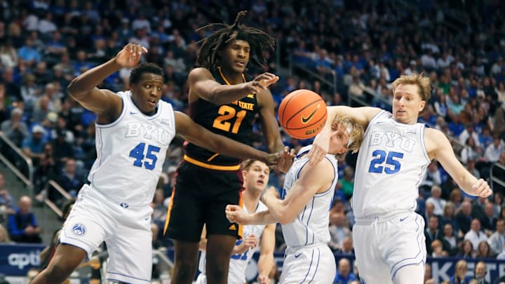 Arizona State's Jayden Quaintance is surrounded by BYU defenders during the Sun Devils' 76-56 loss to the Cougars on Dec. 31, 2024, in Provo, Utah.