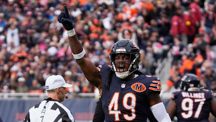 Oct 19, 2025; Chicago, Illinois, USA; Chicago Bears middle linebacker Tremaine Edmunds (49) reacts after sacking New Orleans Saints quarterback Spencer Rattler (not pictured) during the second half at Soldier Field. Mandatory Credit: David Banks-Imagn Images